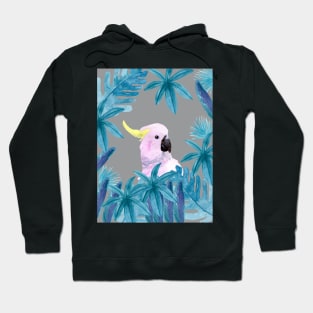 Cockatoo with tropical leaves in watercolor and an ultimate gray background Hoodie